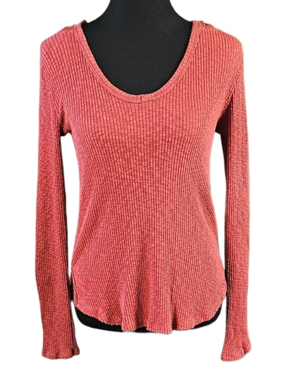 American Eagle Soft & Sexy Hooded Rib Knit Top Medium Rust Waffle Thermal